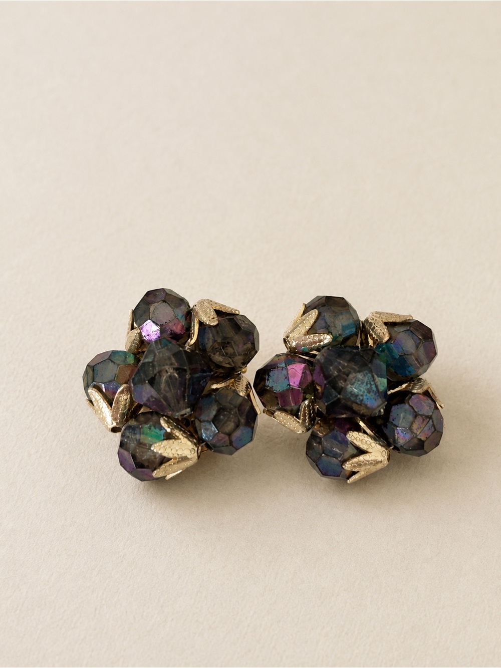 Vintage 1960s Hong Kong Iridescent Cluster Clip-On Earrings AB Beads